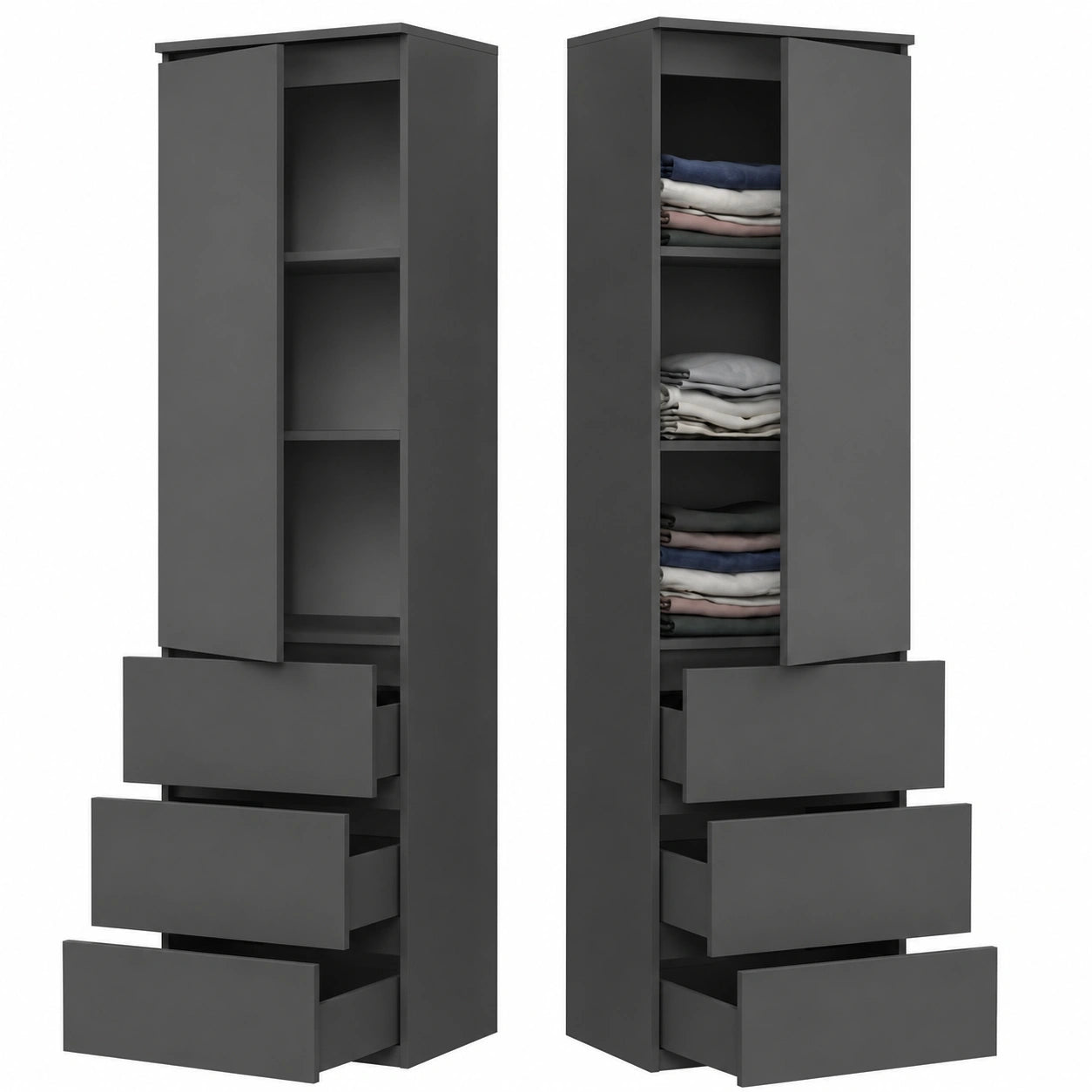 Moderner Anthrazit-Kleiderschrank mit 3 Schubladen und Regalen, 50x180,5x40 cm für Schlafzimmer oder Kinderzimmer