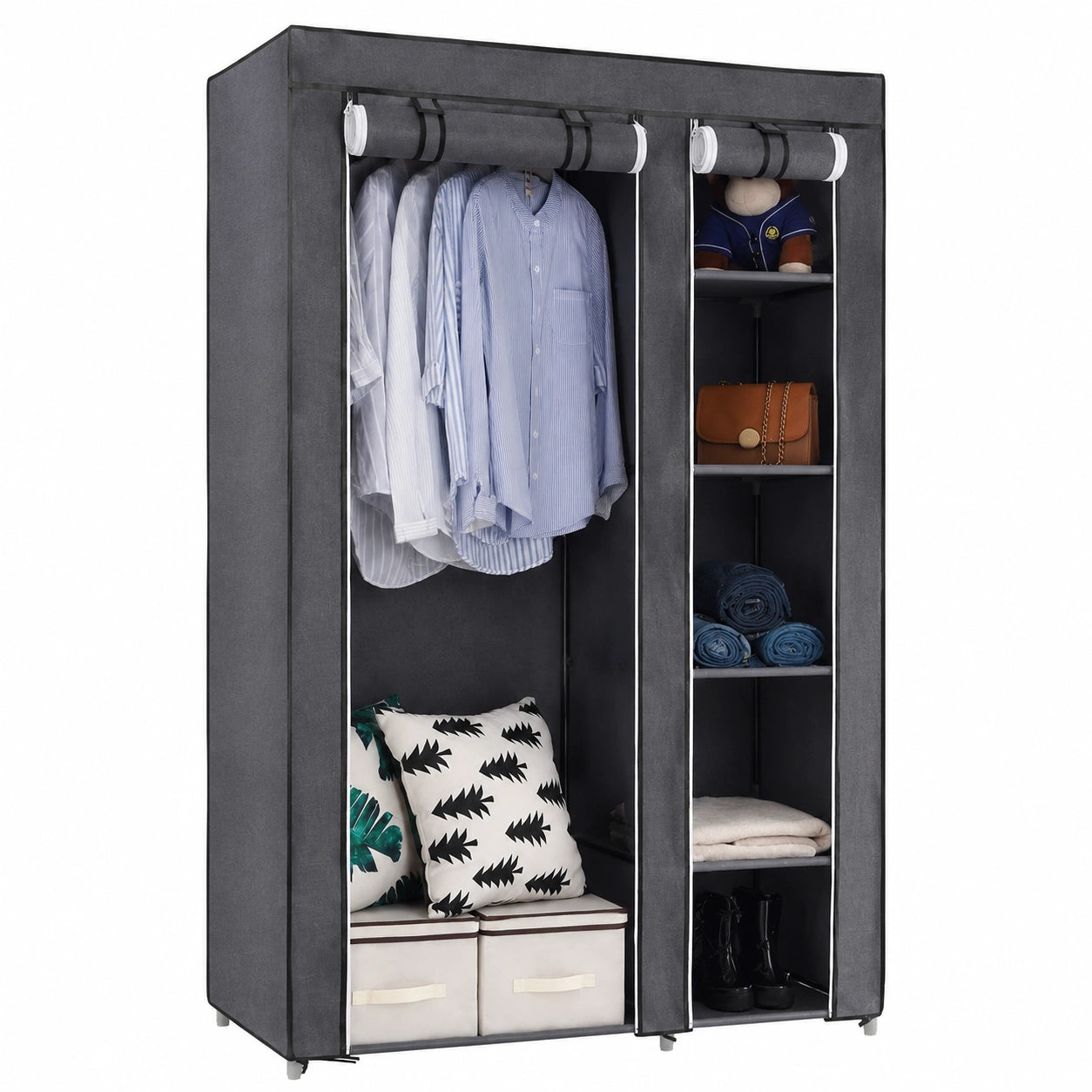 Moderner Stoff-Kleiderschrank mit Kleiderstange und Regalfächern, faltbar, 110x45x175 cm, grau