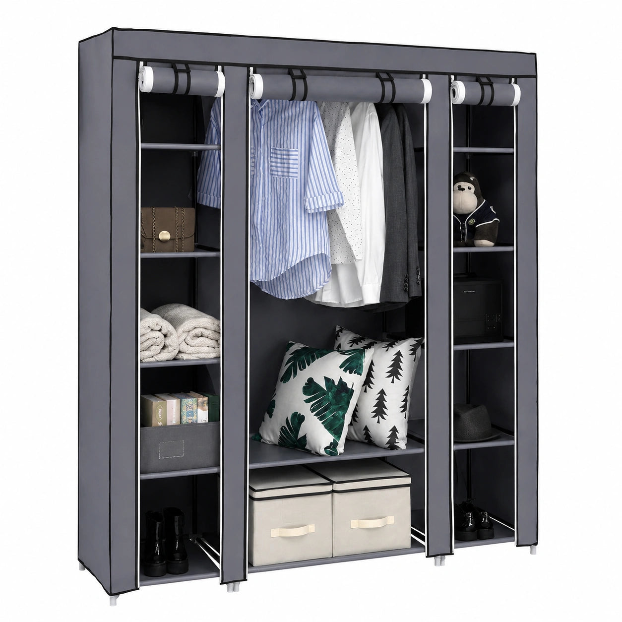 Stoffkleiderschrank Grau mit Ablagen und Stange, Faltbar 150x45x175 cm für Schlafzimmer