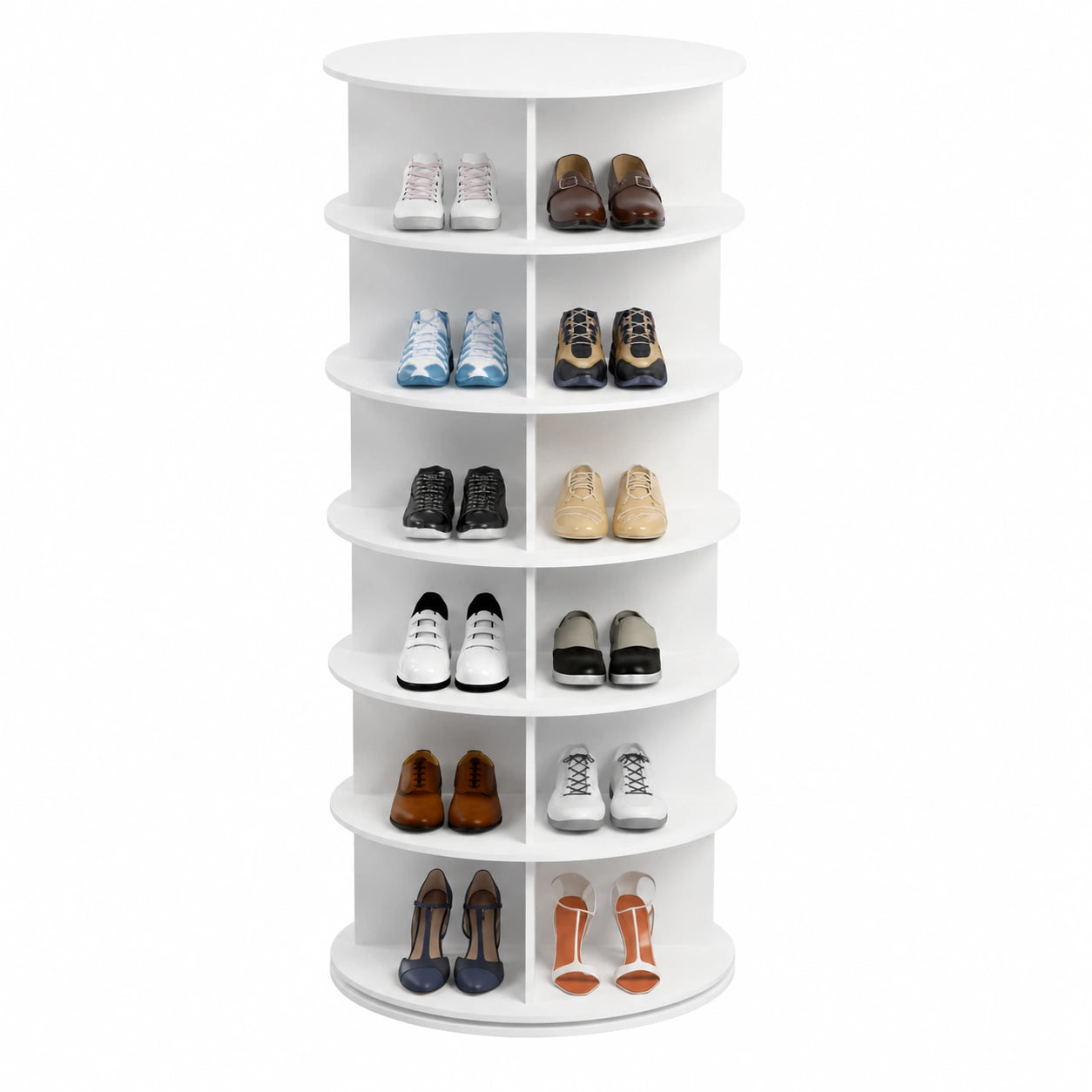 PTUWODS Drehbarer Schuhschrank, 360° Schuhregal, Rundes Karussell, Vertikal, Handtaschen- und Schuh-Organizer, Weiß, 7 Ebenen