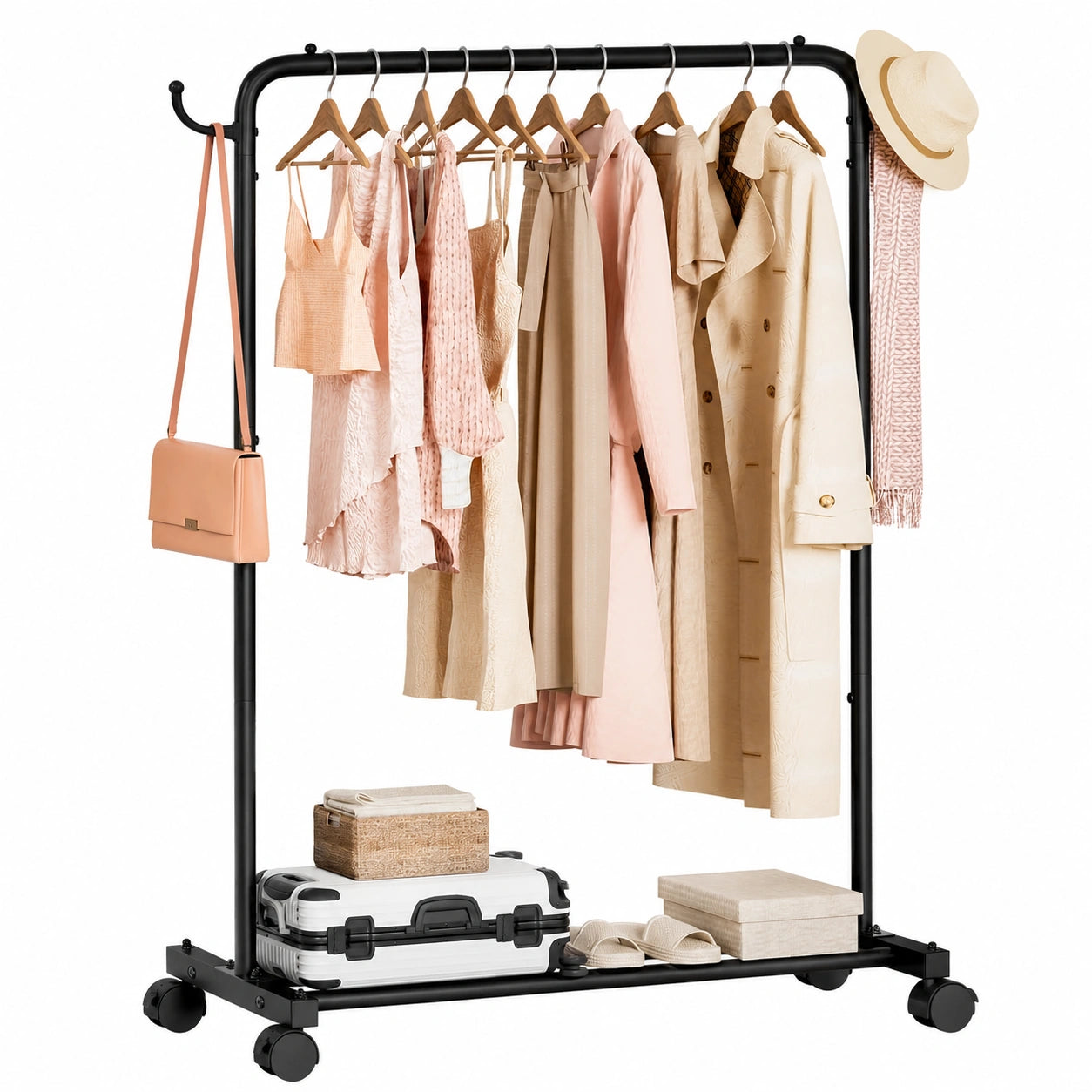 Yorbay Vielseitiger Kleiderständer mit Rollen: Robuste Metallgarderobe mit Ablage - Ideal für Schlafzimmer, Waschküche und Geschäft