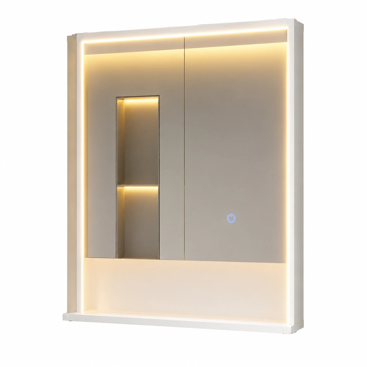 LED Spiegelschrank mit 2 Türen, Touch-Sensor, Steckdose, dimmbaren Lichtfarben, 60x78x18 cm, inkl. Föhnhalter und Handtuchhalter