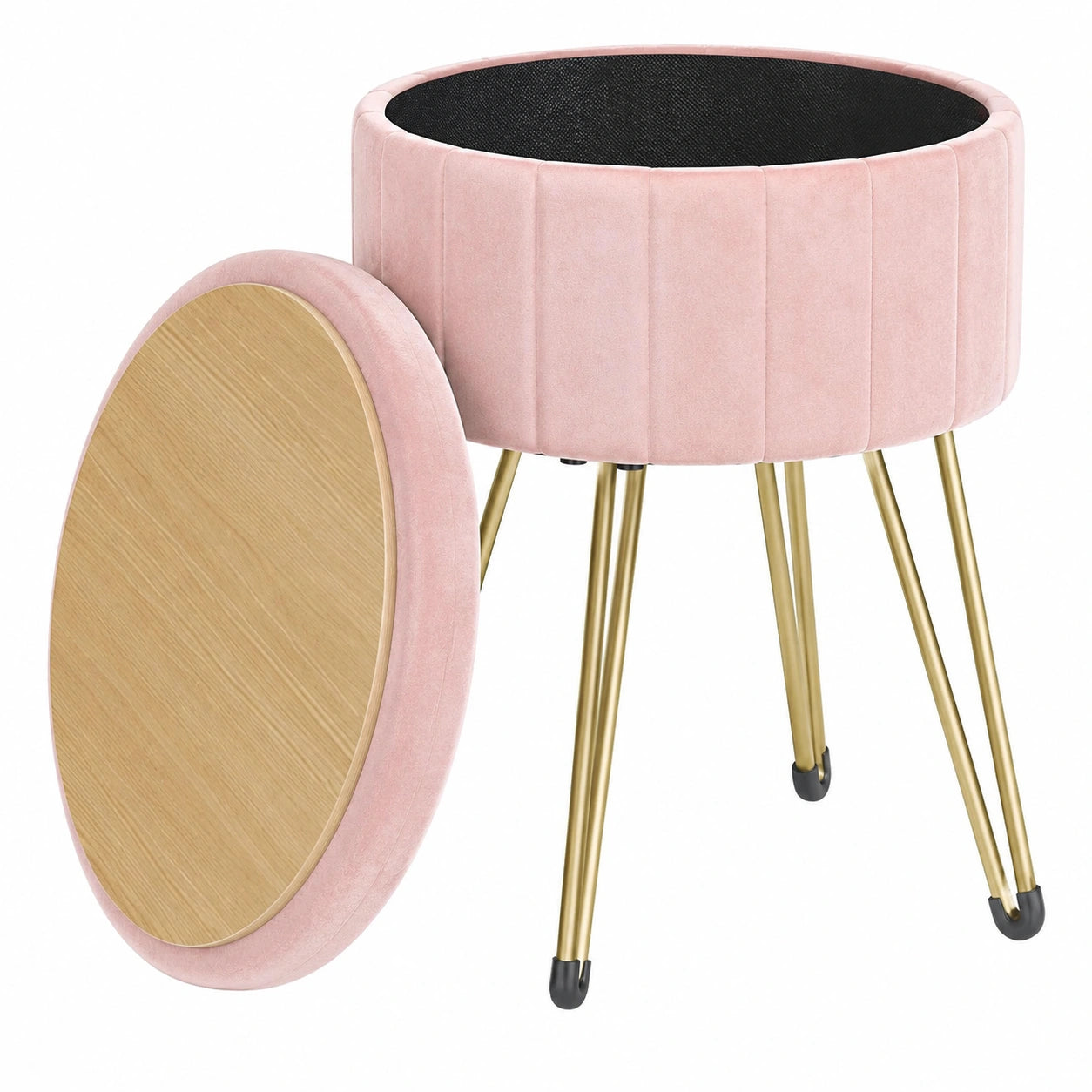 Eleganter Samthocker mit Stauraum und Goldbeinen, 39 cm Ø, 44,4 cm Höhe, Pastellrosa
