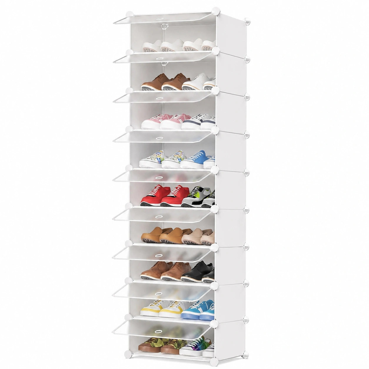 HOMIDEC 10-stufiges Schuhregal, platzsparender Schuhschrank für Flur und Schlafzimmer, Weiß/Transparent