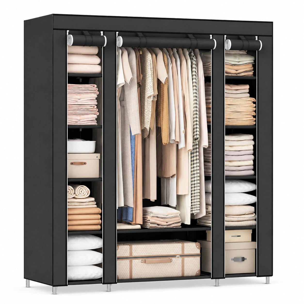 SONGMICS Stoffkleiderschrank mit Kleiderstange und Fächern, schwarz, 150 x 45 x 175 cm, für Schlafzimmer und Ankleidezimmer