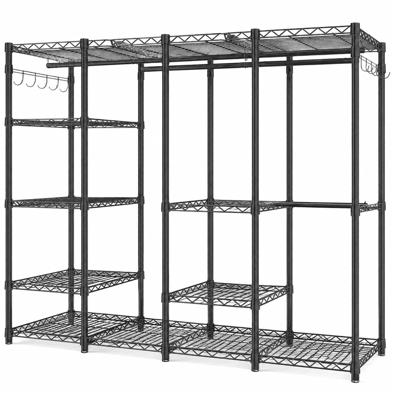 AQRA Modularer Kleiderschrank, Flexibles Regalsystem mit 9 verstellbaren Ebenen und 5 Kleiderstangen, Schwarzes Design, 4 Ebenen für maximalen Stauraum, Größe: 193,5 x 43,5 x 195 cm