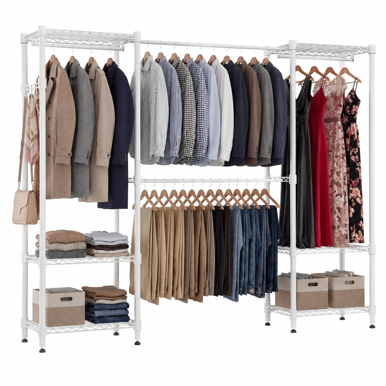 Robuster Kleiderständer mit Teleskopfunktion, Offenes Schranksystem mit 4 Stangen & 6 verstellbaren Ablagen, Schwerlast-Metall für Schlafzimmer, Weiß, 35x(182-240)x180cm
