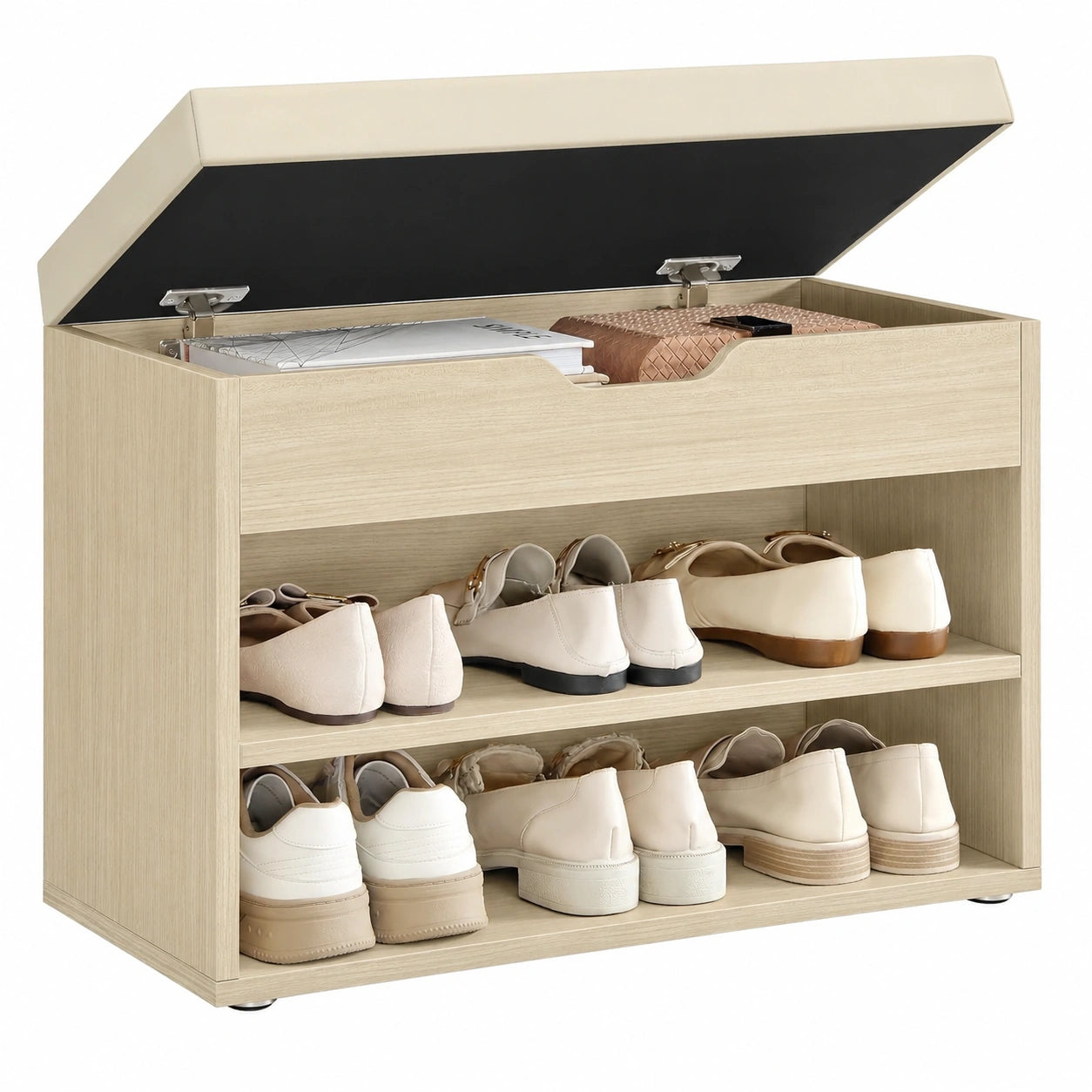 VASAGLE Schuhbank mit Kissen, 3-stufiges Schuhregal, 30 x 60 x 44 cm, für Flur und Schlafzimmer, Naturbeige